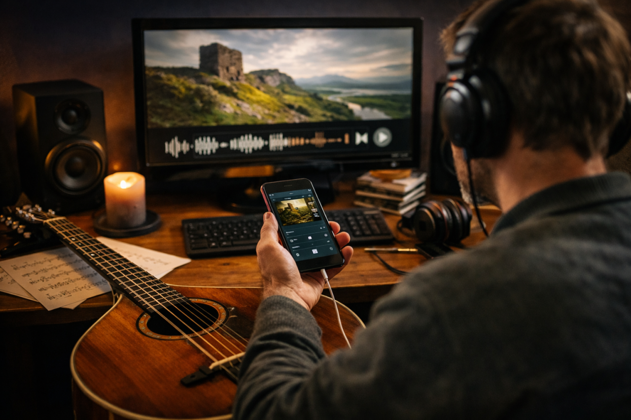 Musician learning Irish bouzouki at home listening to traditional music recordings on computer and phone with headphones and sheet music